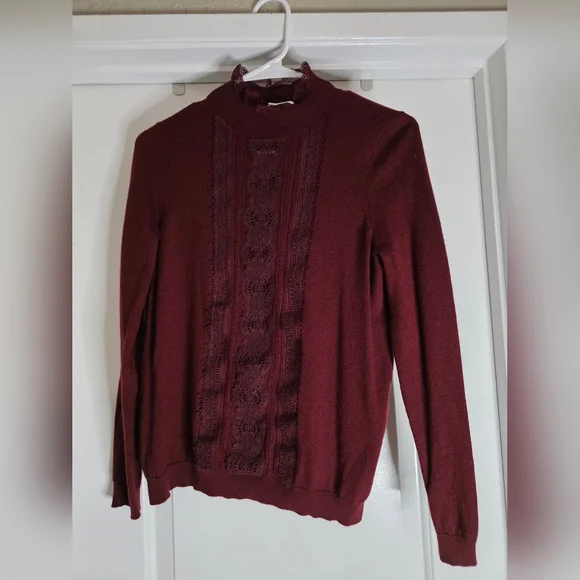 🍷 Sézane Kate Jumper in Burgundy | Size SMALL | Lace Detail Sweater - Picture 3 of 6